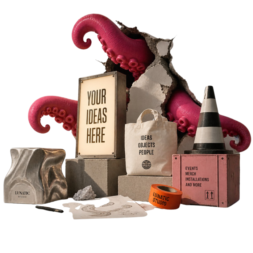 Collage Lunatic Studio con tentacoli, oggetti e insegna Your Ideas Here