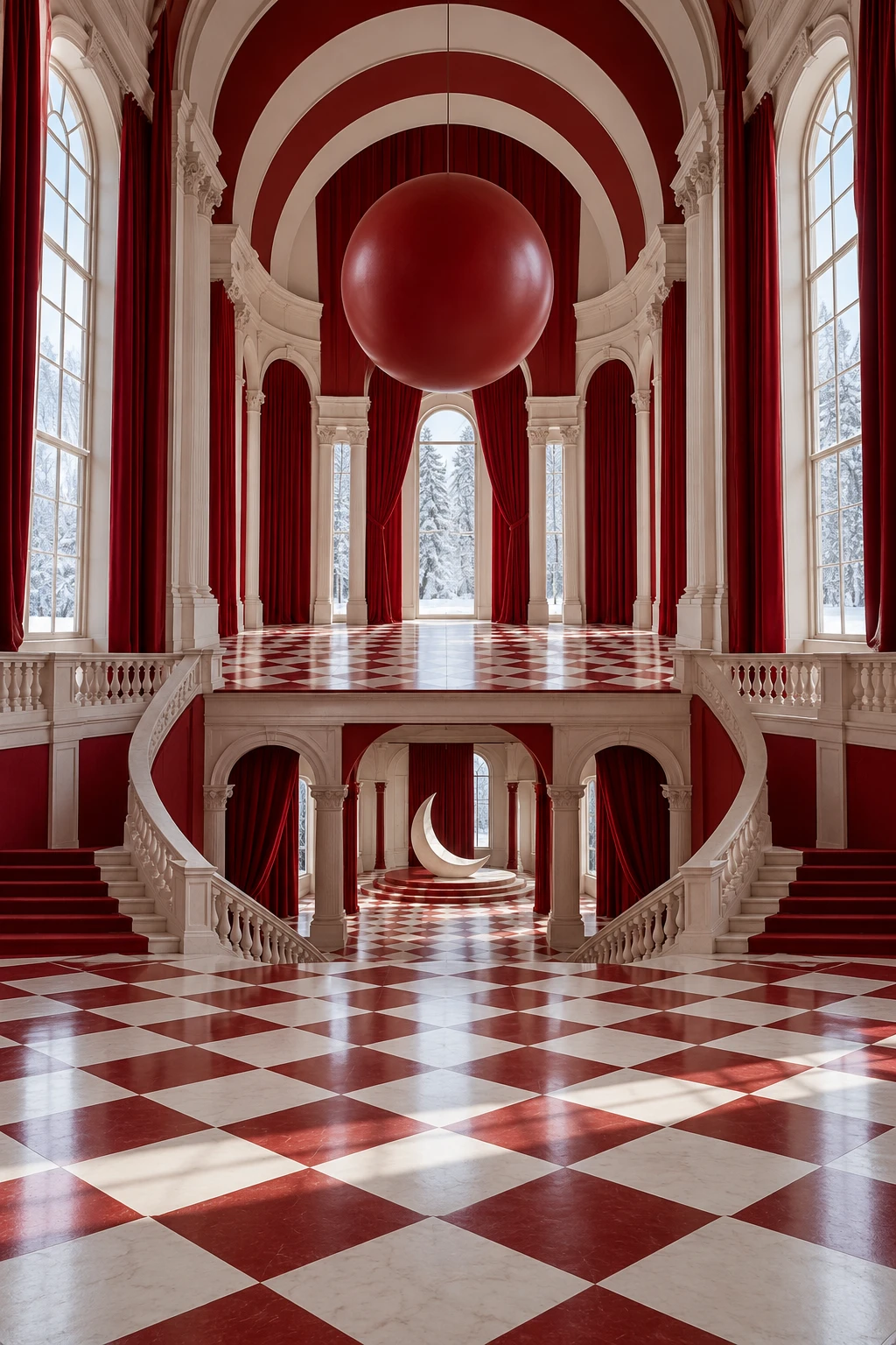 Galleria teatrale rossa e panna, pavimento geometrico, finestre innevate e scale fra due livelli
